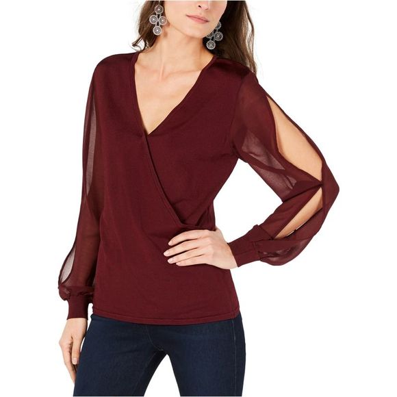 I-N-C Tops - I-N-C Womens Illusion Surplice Pullover Blouse, Red, DM